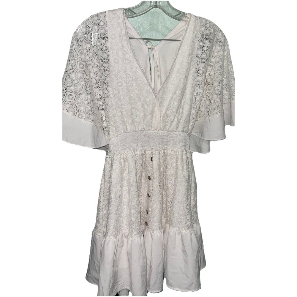 Lacey BOHO Short Sleeve Romper White Tiered Crochet Ruched Waist Croc Woman’s S